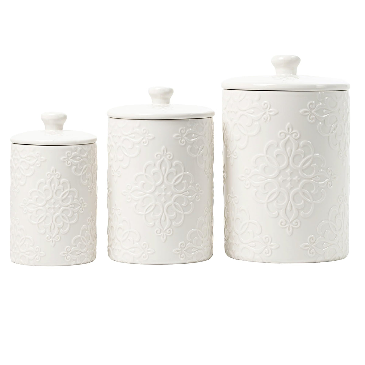 10 Strawberry Street Embossed Ceramic Kitchen Canister Set, Set of 3, Stamp White