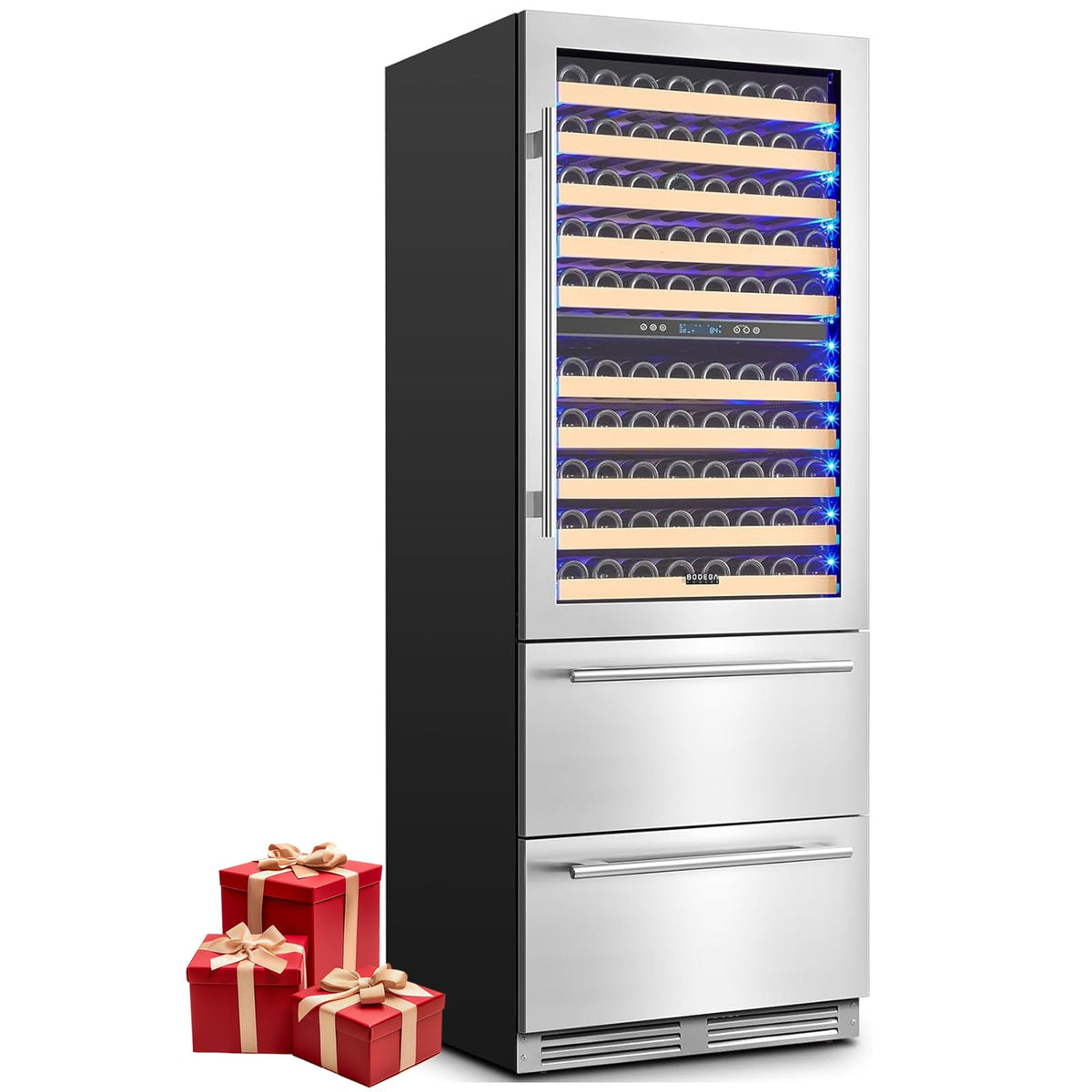 BODEGA Wine and Beverage Refrigerator, 30 Inch 2 IN 1 Dual Zone Wine Cooler,Built-in or Freestanding Beverage Cooler, Soft LED Light Hold 150 Bottles and 234 Cans