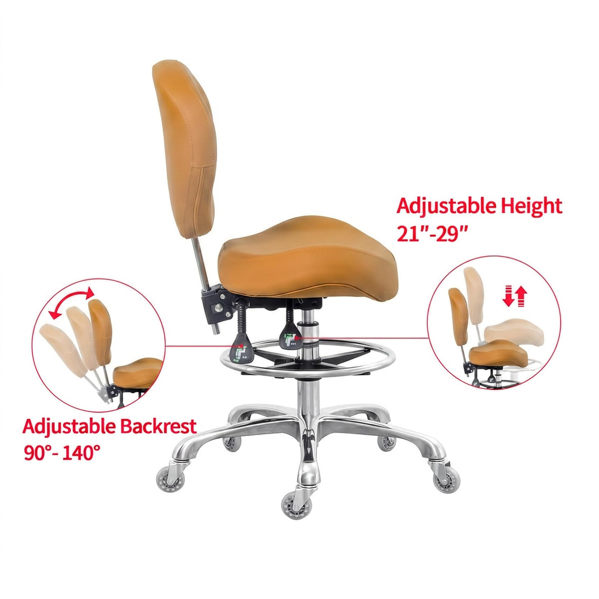Grace&grace Drafting Stool Adjustable Foot Ring with Wheels, Rolling Stool with Back Support for Studio, Classroom, Lab, Counter, Medical (camel)