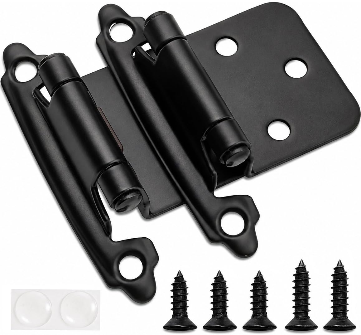 Decobasics 1/2" Overlay Matte Black Cabinet Hinges 50 Pack (25 Pair) Self Closing Bath & Kitchen Cabinet Hinges Black Flush Mount w/Door Bumpers & Upgraded Screws