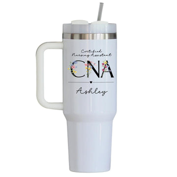 Personalized CNA Tumbler – Certified Nursing Assistant Floral 40oz Stainless Steel Insulated Cup with Handle & Straw – Custom Name Graduation Gift for Medical Professionals