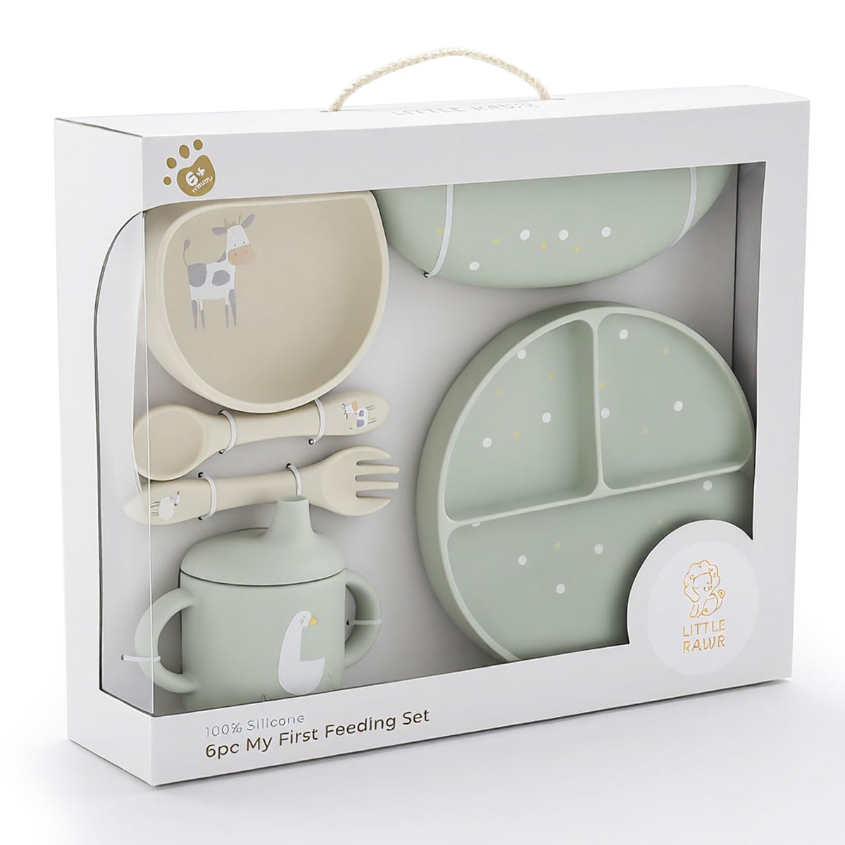 Baby Led Weaning Bundle, 100% Silicone Baby Feeding Set Includes Divided Plate, Suction Bowl, Straw Cup, Bib, Spoon & Fork, Develops Self Feeding Skills, Dishwasher Safe (Green)
