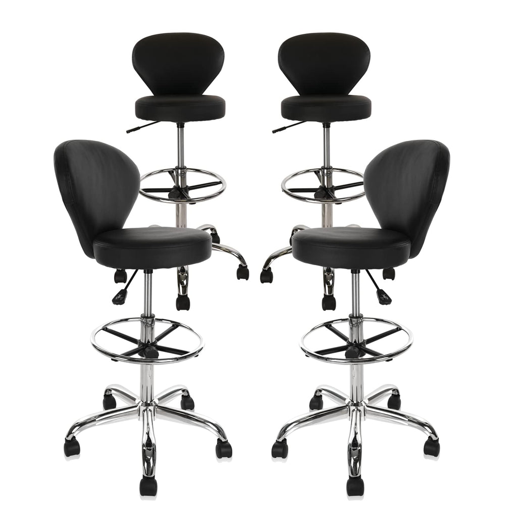 Klasika Black Pvc Faux Leather Drafting Chair Set of 4 Rolling Swivel Salon Stool with Back Support Foot Rest Adjustable Hydraulic Seat Height