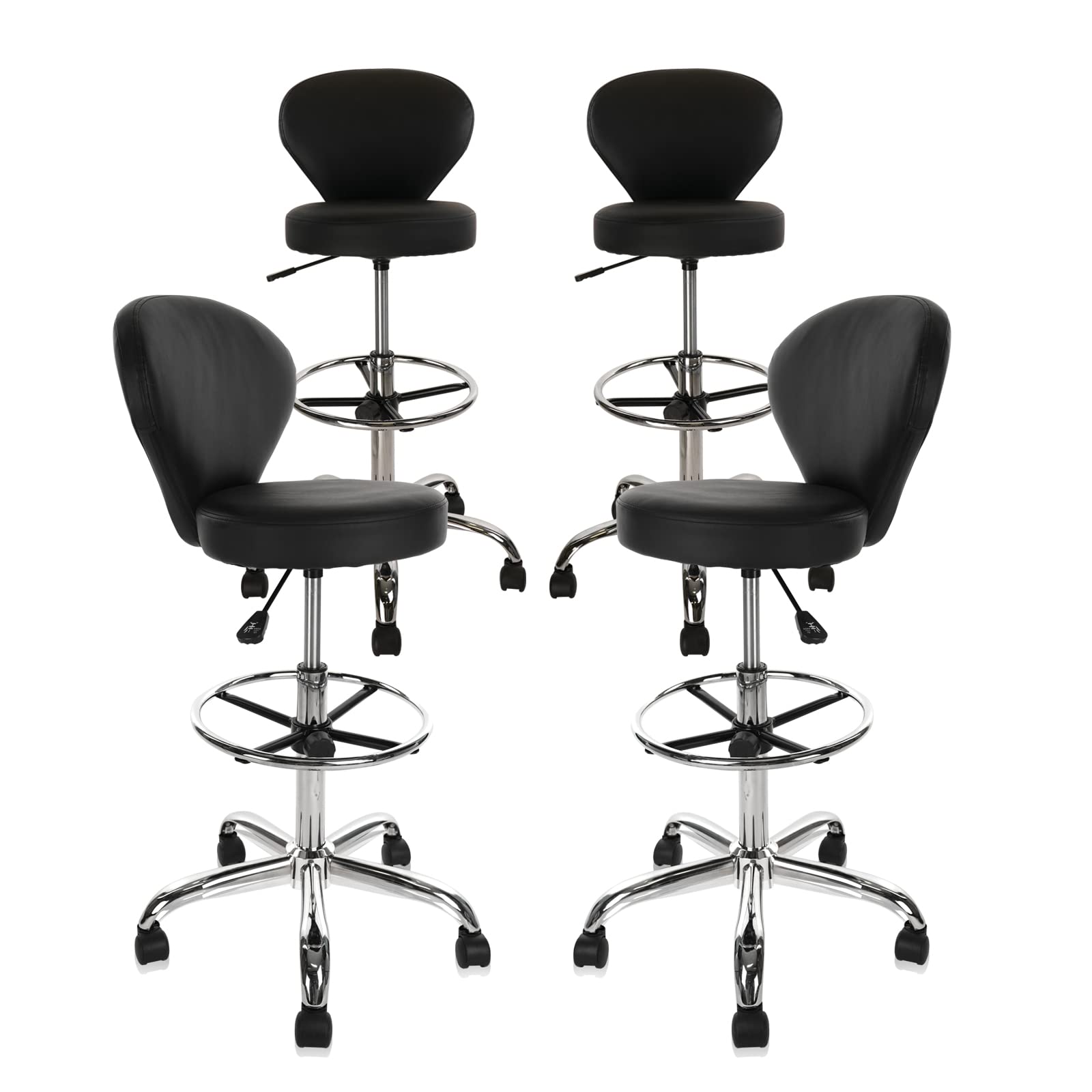Klasika Black Pvc Faux Leather Drafting Chair Set of 4 Rolling Swivel Salon Stool with Back Support Foot Rest Adjustable Hydraulic Seat Height