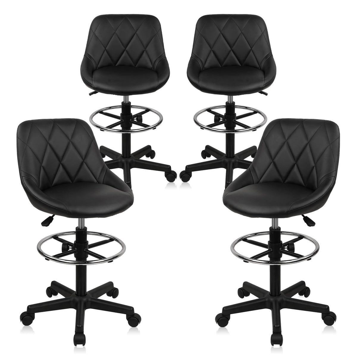 Klasika Drafting Chair with Back, Leather Rolling Swivel Stool with Adjustable Height and Footrest, Ergonomic Tall Standing Desk Office Chairs