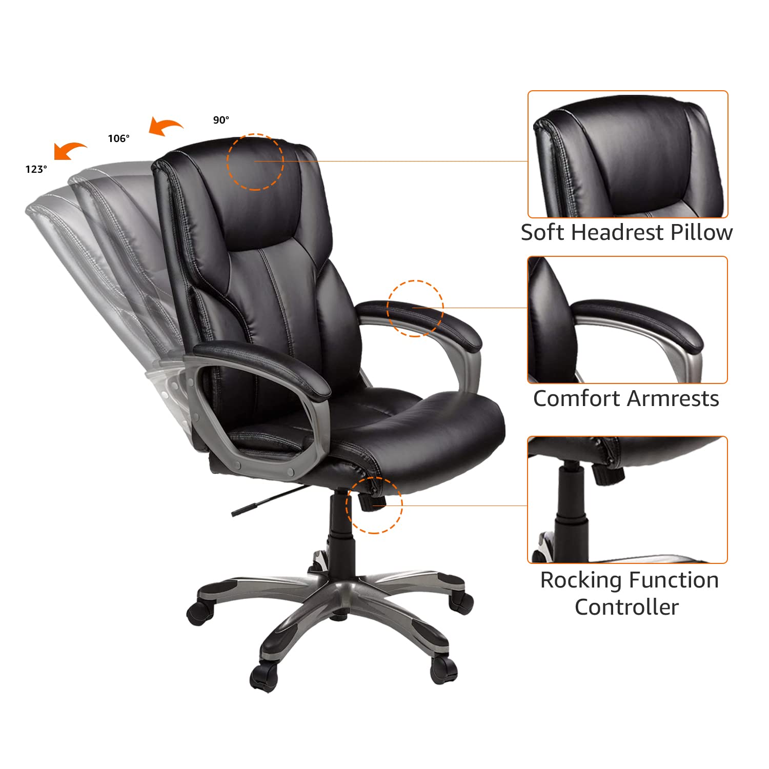 Basics Executive High Back Office Chair, Adjustable Height, Tilt, Swivel, Padded Seat, Bonded Leather, Wheels, Black/silver