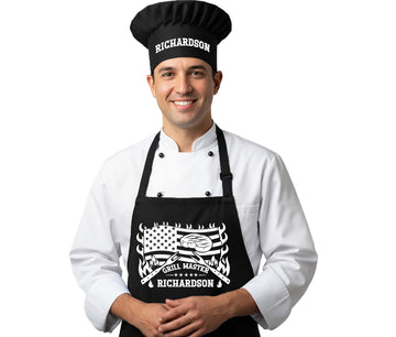 Chef Aprons for Men with Chef Hat, Personalized BBQ & Grilling Gift for Dad - Husband, Christmas, Birthday, Father’s and Valentines Day Grilling Gifts for Papa, Funny Grill Master Aprons with Pockets