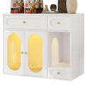 Hidden Cat Litter Box Enclosure Furniture with LED Light, Modern Litter Box Cabinet with Drawers & Acrylic Door, Multi-Entry Cat House Sideboard for Living Room, 37.4"W x 15.6"D x 31.5"H,White