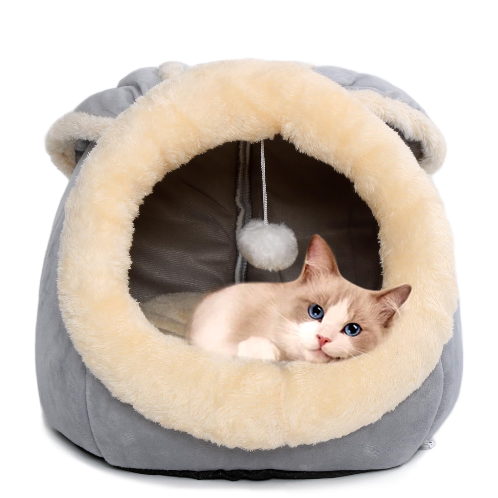 Cat Beds for Indoor Cats - Rabbit-Shaped Cat Cave Bed with Hanging Toy,Super Soft Calming Pet Bed for Kitten&Puppy,Small Dog,Warm Plush&Machine Washable&Removable Cotton Pad,cat Hideaway(Grey M)