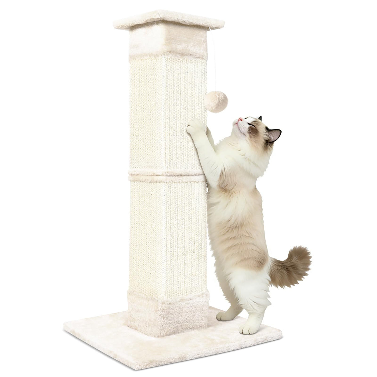 Cat Scratching Post 33 inch for Indoor Cats, Sisal Cat Scratcher, Vertical Posts with Dangling Ball, High Cat Scratch Post, Cat Tree for Full-Body Stretching, Protect Your Furniture, Beige White