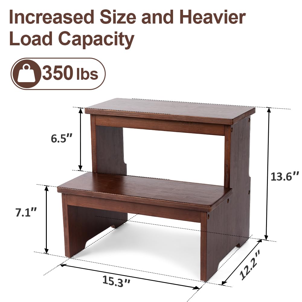Strongtek Wooden 2 Step Stool for Adults, Natural Bamboo, High Beds, 350 Lb, Dark Chocolate