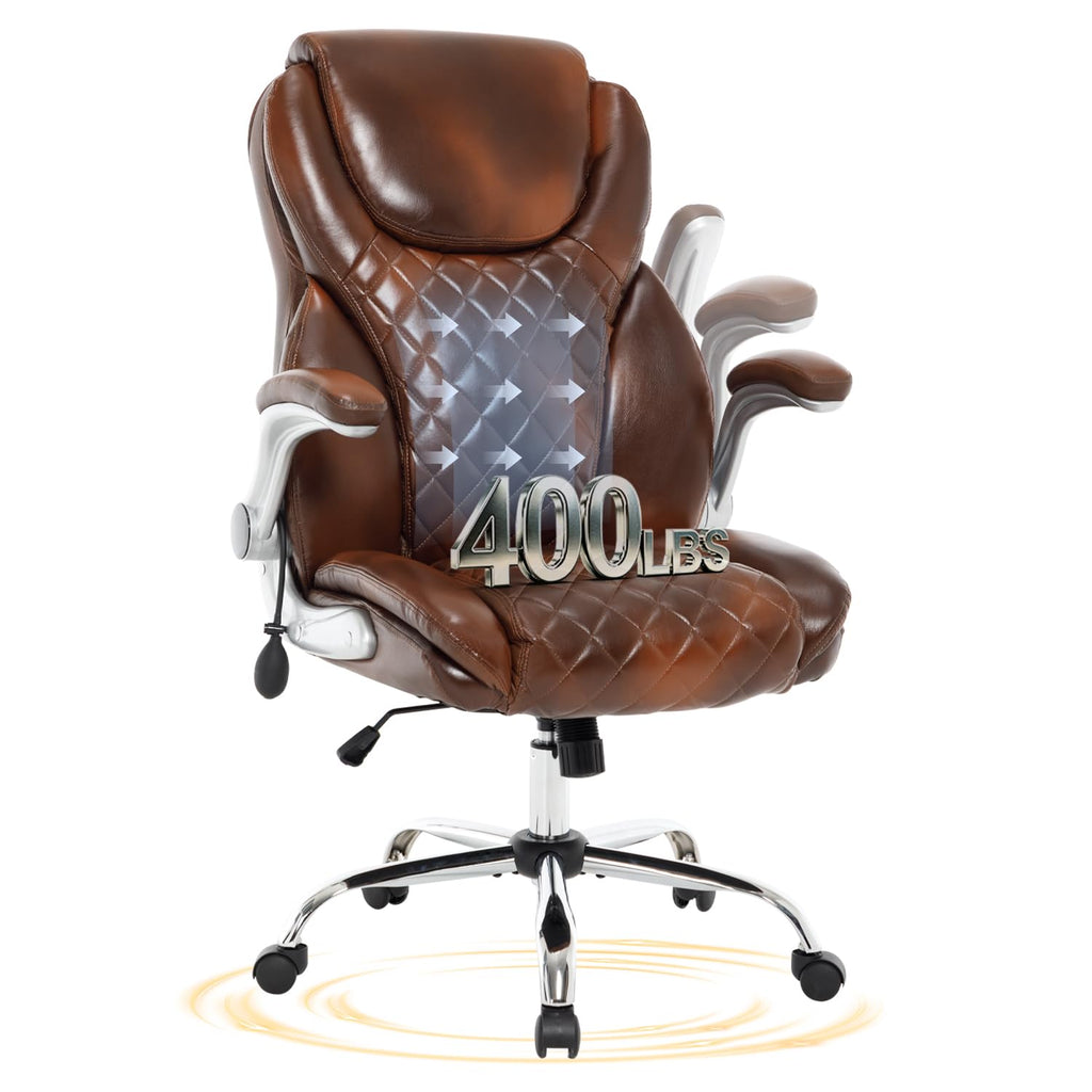 Reficcer Brown Leather Executive Office Chair with Flip Up Arm, 30.7 x 22.83 x 13.77 inches