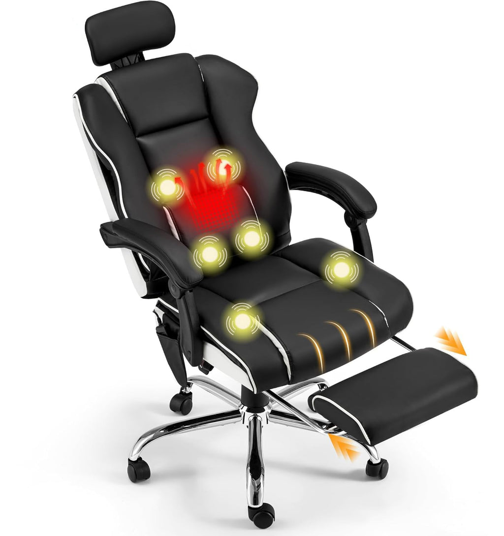 Homrest Heated Massage Executive Office Chair with Footrest Black, Black with White Trim