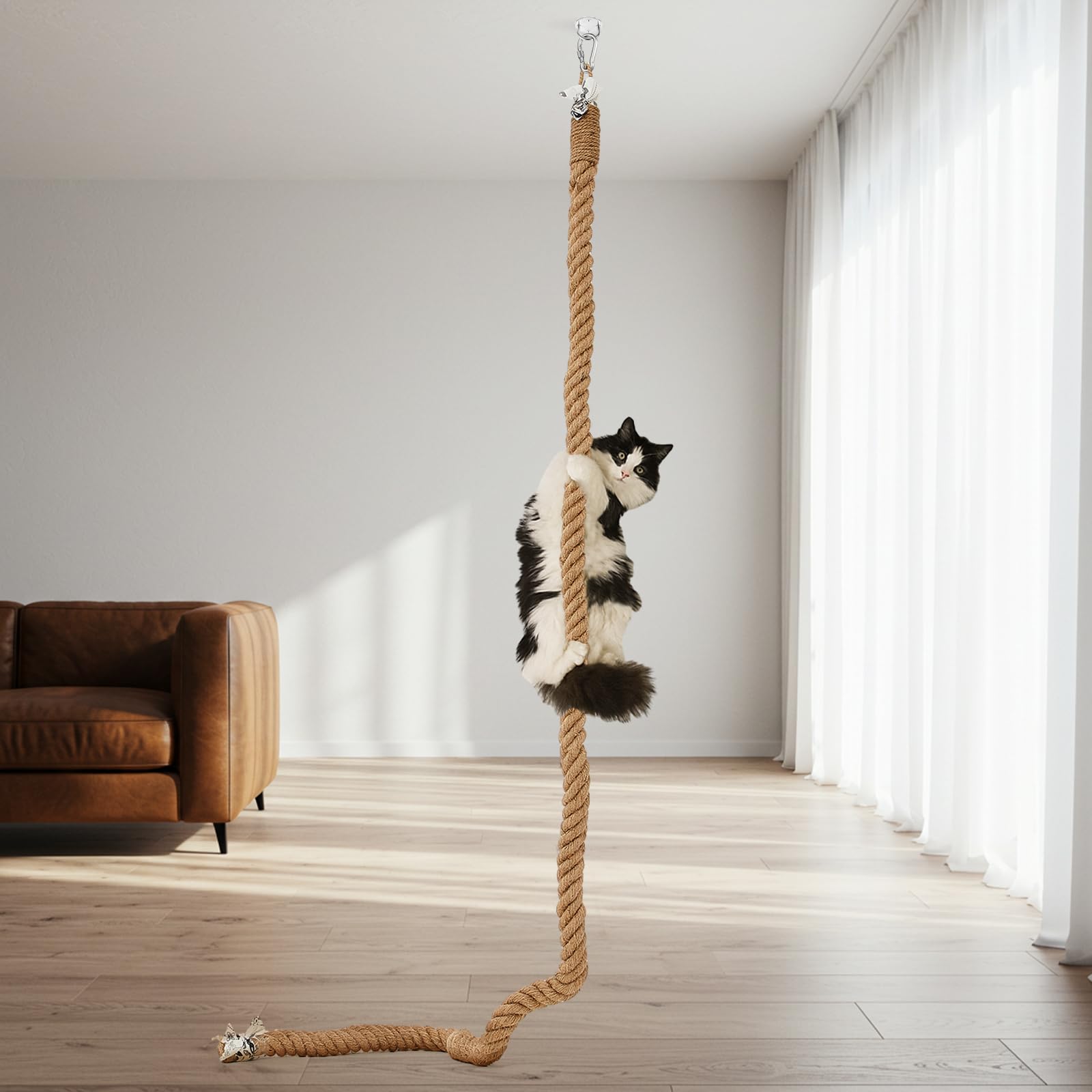 Weysat 1.97'' x 8.9 ft Cat Climbing Jute Rope with Hook Ceiling Wall Mounted Kitten Scratching Post Climbing Rope Toy for Indoor Outdoor Cats