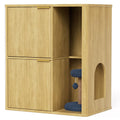 31.5" Cat Litter Box Enclosure Furniture, Fluted Hidden Litter Box Cabinet with Storage Shelf & Scratching Post, Wooden Cat House Side Table with Dual Entry Doors for Indoor Cats, Natural,Natural