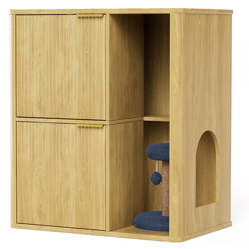 31.5" Cat Litter Box Enclosure Furniture, Fluted Hidden Litter Box Cabinet with Storage Shelf & Scratching Post, Wooden Cat House Side Table with Dual Entry Doors for Indoor Cats, Natural,Natural
