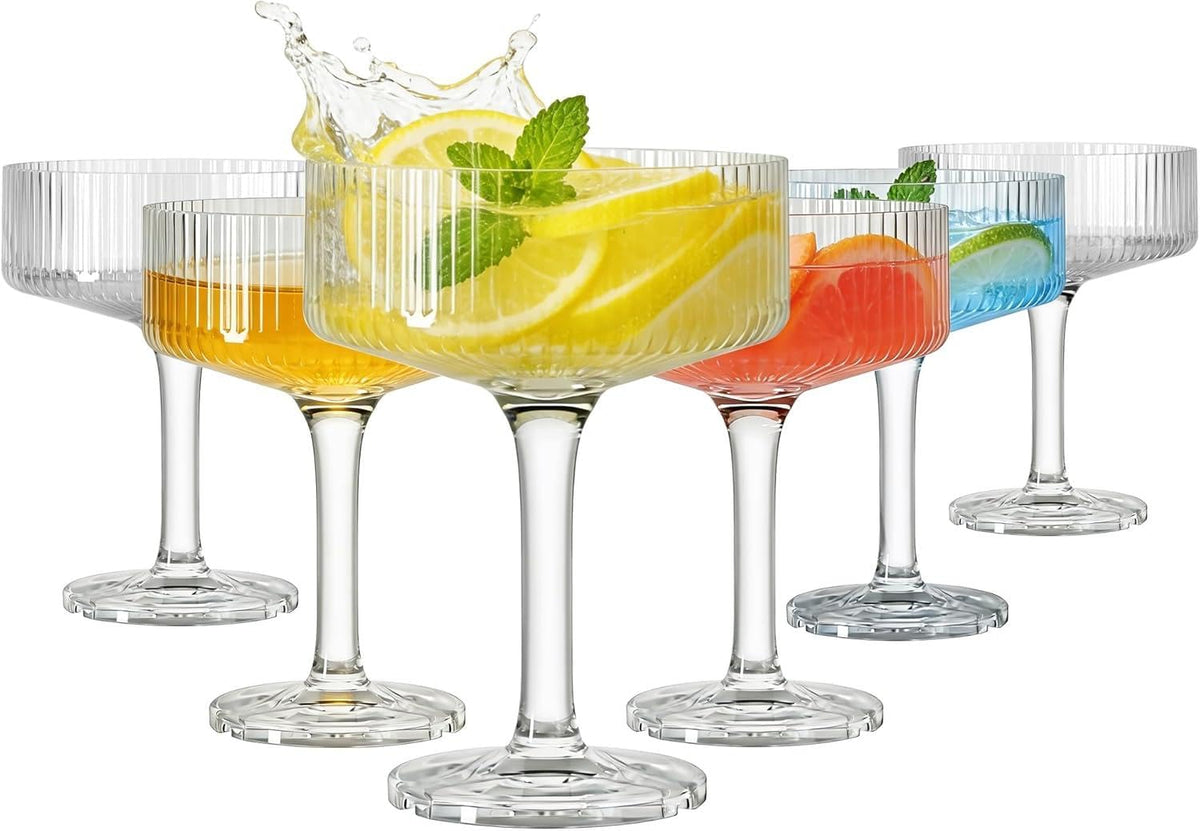 Plastic Coupe Glasses Set of 6, 10oz Ribbed Martini Glasses, Unique Cocktail Glass for Espresso Martini, Whiskey, Margarita, Home Bar, Parties, Weddings & Gift