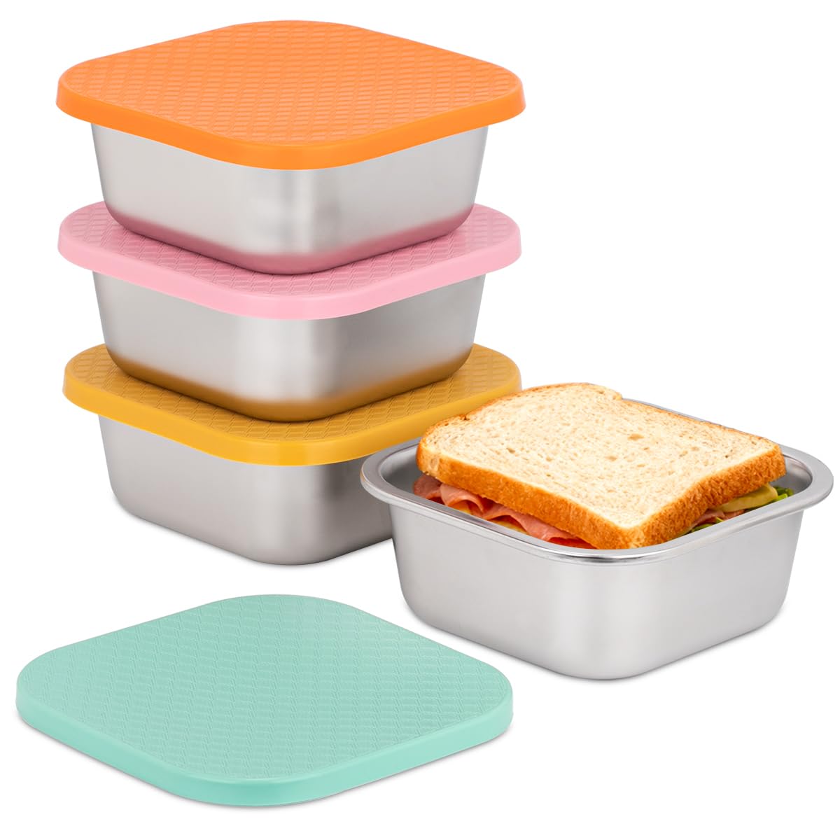 4 Pack Sandwich Containers: 30oz Stainless Steel Lunch Box with Silicone Lids, Meal Prep Container Reusable Metal Sandwiches Food Storage for Kitchen & Office Salad Snacks Fruits