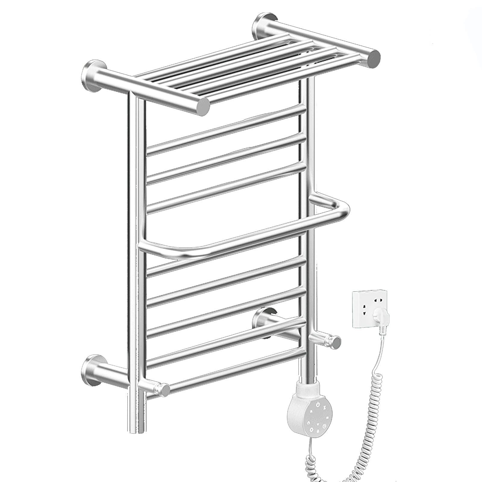 Electric Heated Towel Rail Radiator 9 Bar Wall Mounted Towel Warmer with Top Shelf 304 Stainless Steel Plug-in Heated Towel Rack with Timing Function for Bathroom