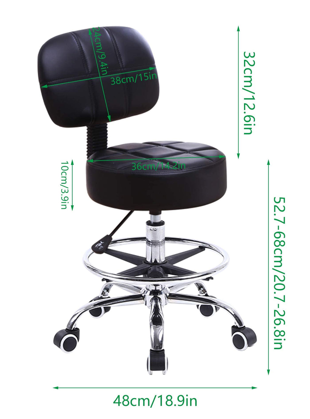 Kktoner Swivel Round Rolling Stool Pu Leather with Adjustable Foot Rest Height Adjustable Task Work Drafting Chair with Back (black)
