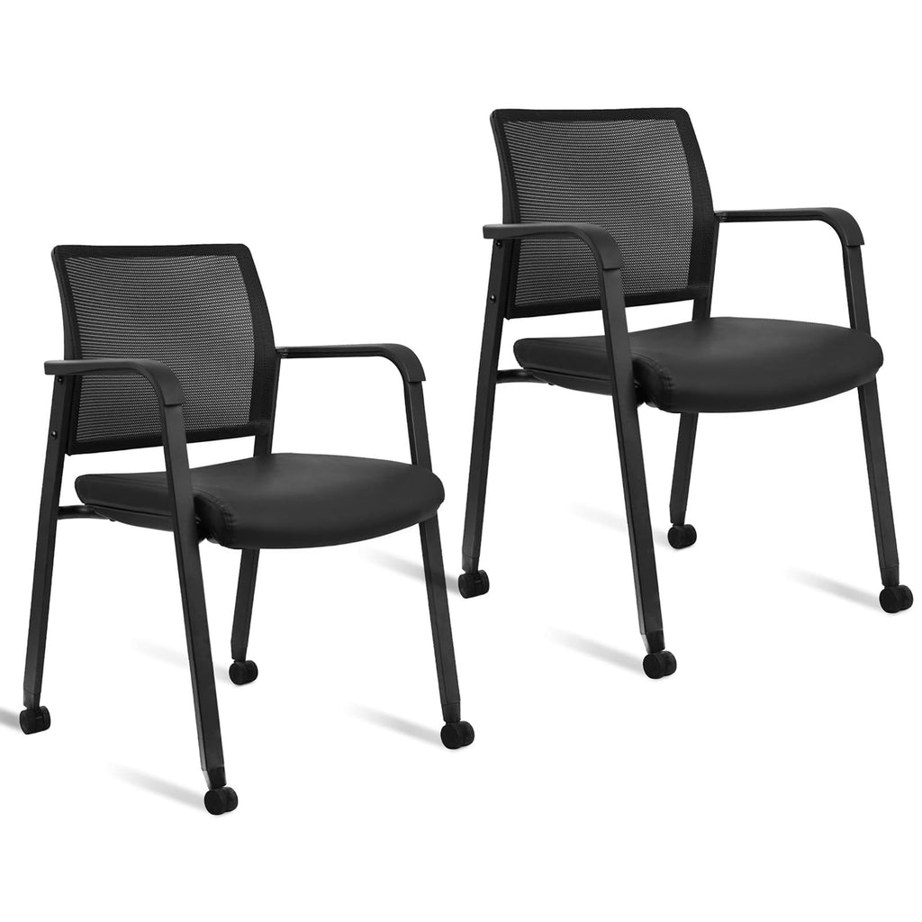 Clatina Mesh Back Guest Reception Stacking Chair with Wheels, Waiting Room Stackable Chairs with Upholstered Leather Seat & Ergonomic Lumbar