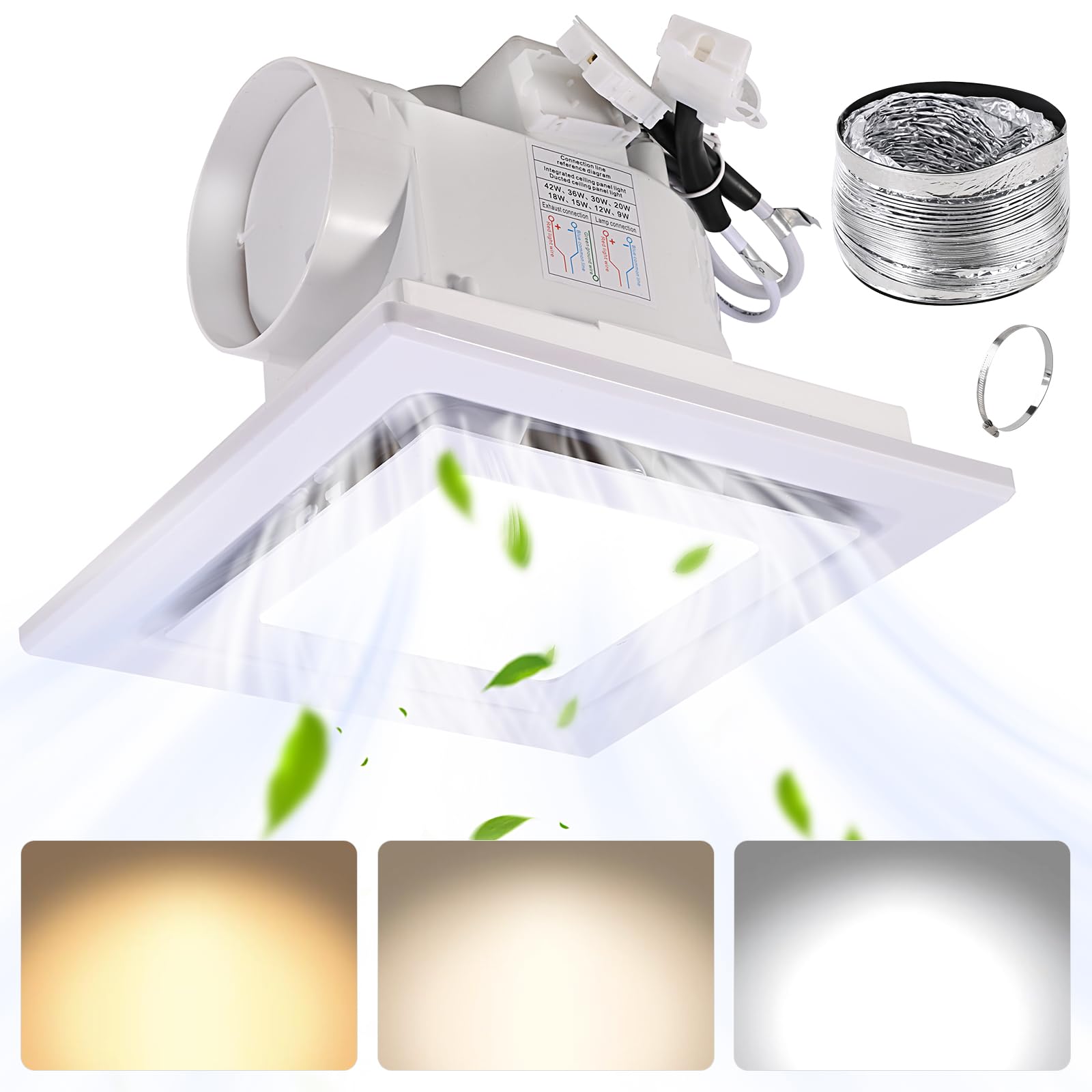 FEITON Square Bathroom Exhaust Fan with LED Light, Adjustable Color Temperature(3000K/4500K/6000K), 110 CFM 30W 4 Inch Duct, 110-220V 1.0 Sones Quiet Bathroom Ventilation Fan Light Combo Ceiling Mount