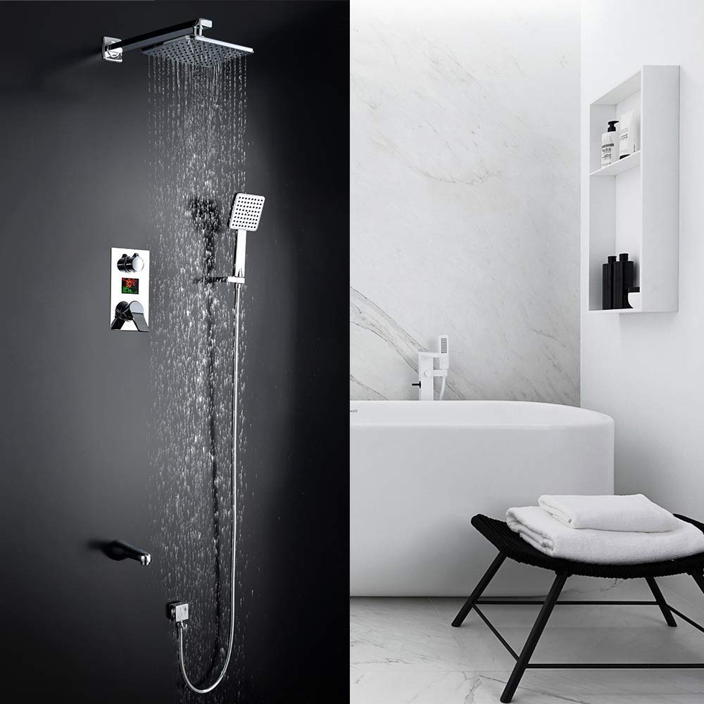 Shower Faucet Set Chrome Brass Wall Mounted Bathroom Rain Shower Head Square Big Handheld Digital Display Waterfall Shower System