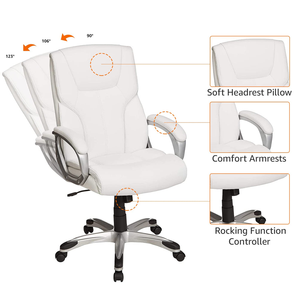 Basics Executive High Back Office Desk Chair, Adjustable Height, Tilt, Swivel, 275lb Capacity, Bonded Leather, White/pewter