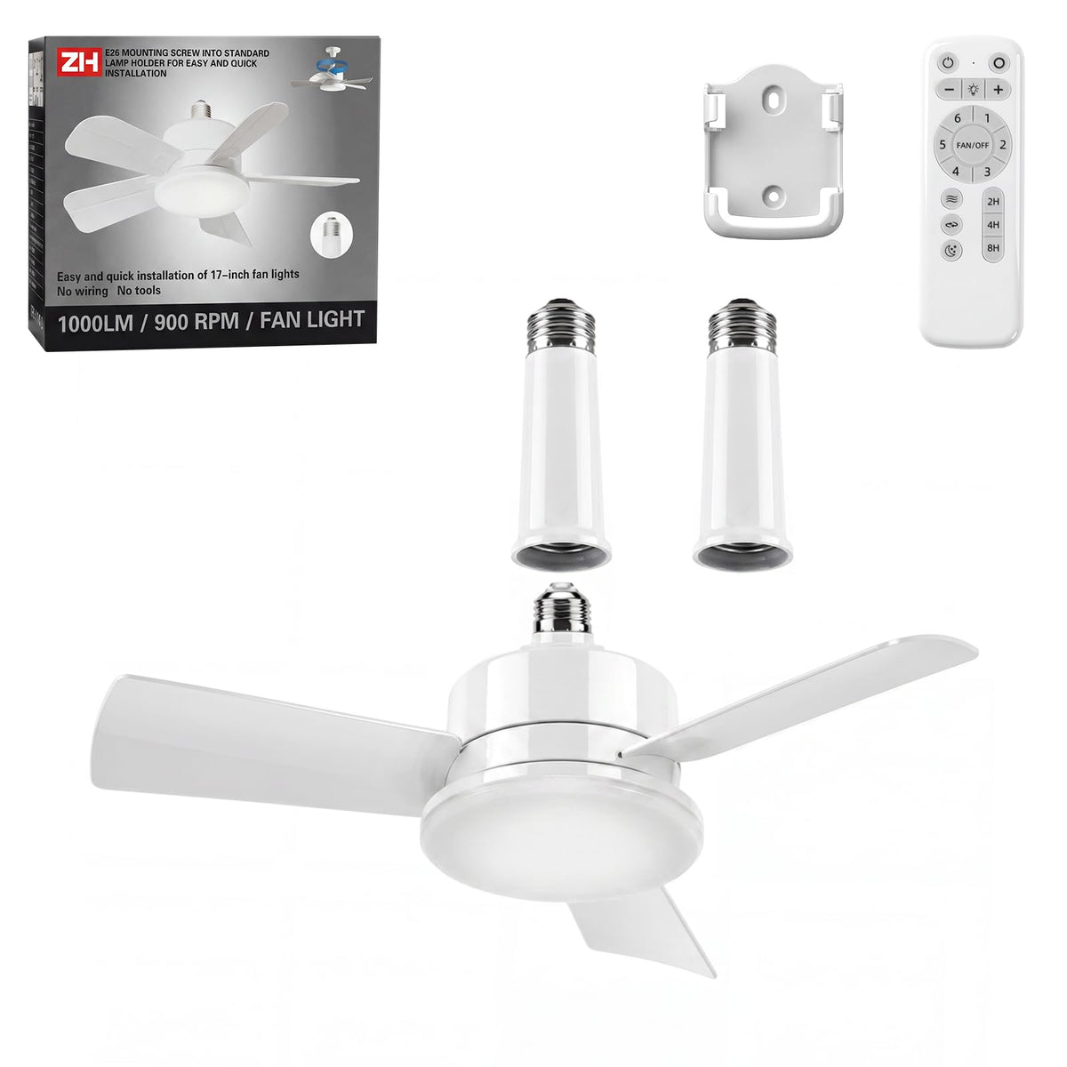 Socket Fan Light with Remote,3 Colors 3000K-6500K Dimmable LED Light Bulb Fan for E26/E27 Base,Small Ceiling Fan with Socket Extender,Screw in Small Ceiling Fan for Bedroom Living Room Kitchen,White