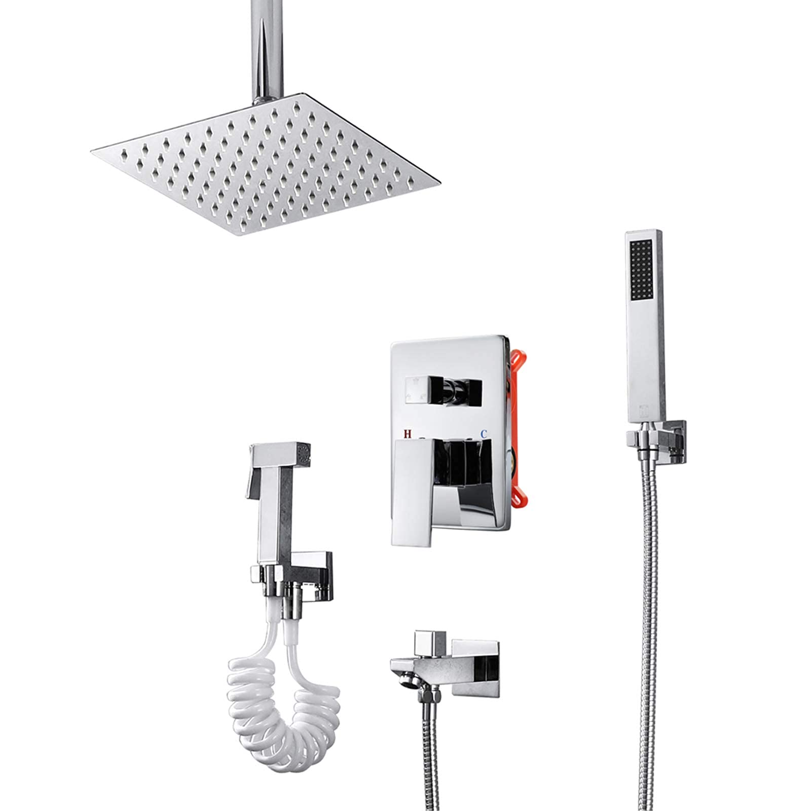 Chrome Rain Mixer Shower Combo Set Ceiling Mounted Bathroom Shower Faucet Set with Square 8 Inches Shower Head, Handheld Shower, Tub Spout, Bidet Sprayer