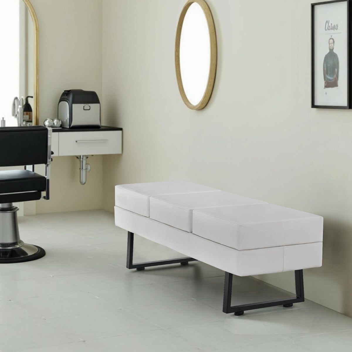 Barberpub Waiting Room Chairs Office Guest Reception Bench, Lobby Chai, 59.5"(W) x 18.5"(D)x 18.5"(H), Cream White