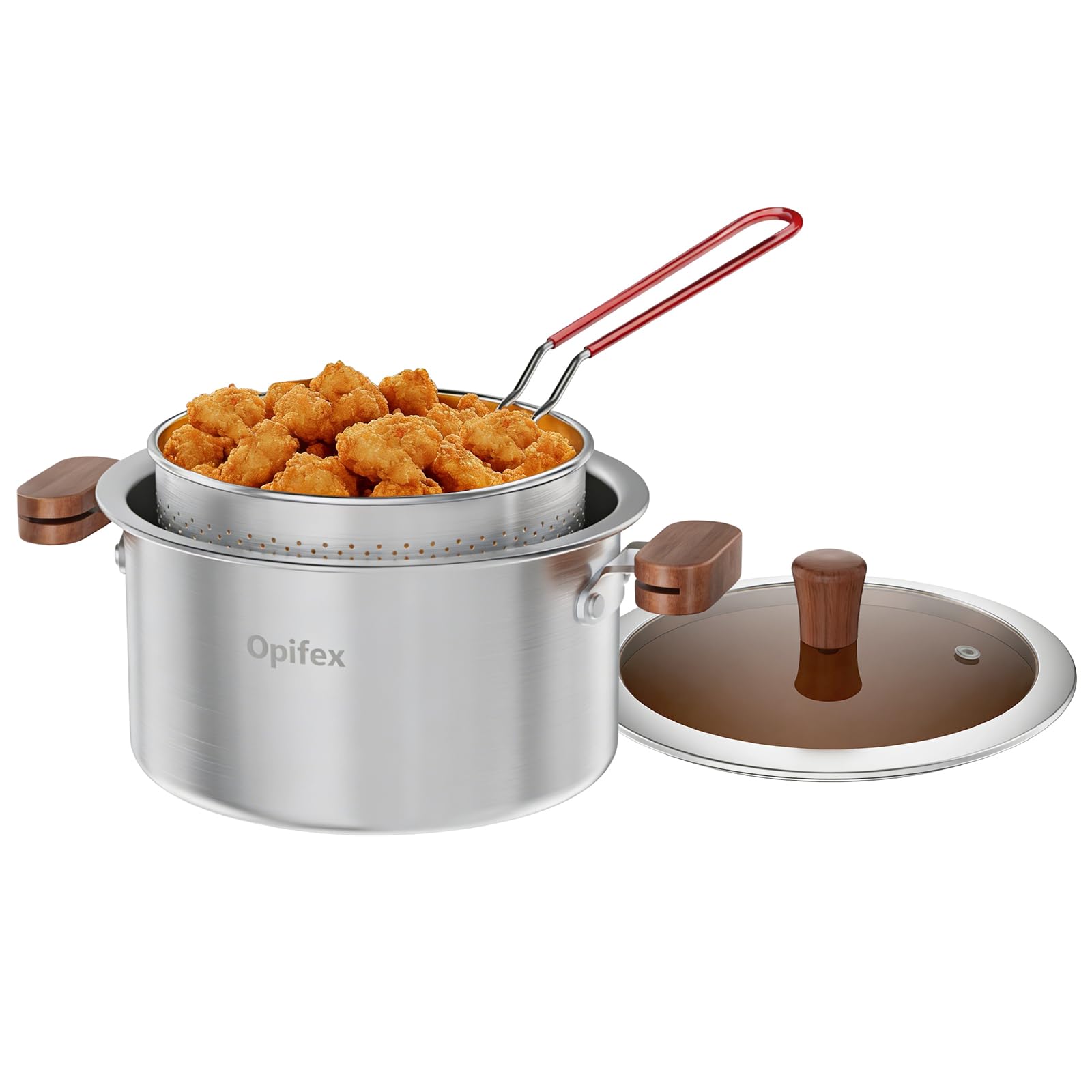 Stainless Steel Deep Fryer Pot with Basket,3.0L Stockpot for Home Use Frying, Pasta, Soup & Stews, 304 Stainless Steel, Glass Lid, Strainer Basket for All Stovetops