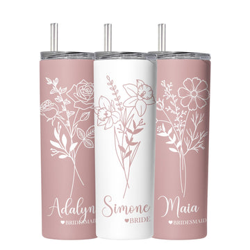 BluChi Personalized Birth Flower Tumbler, Bride & Bridesmaid Tumbler with Straw, Proposal Gifts for Bridal Party