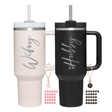 JETIKON Wifey Hubby 40 oz Tumbler Cup for Couples with Handle Lids Straws Letter Charm Accessories 2 Pack Wedding Gifts for Couples 2026 Engagement gift Bridal Shower Gift for Bride Groom Newlyweds