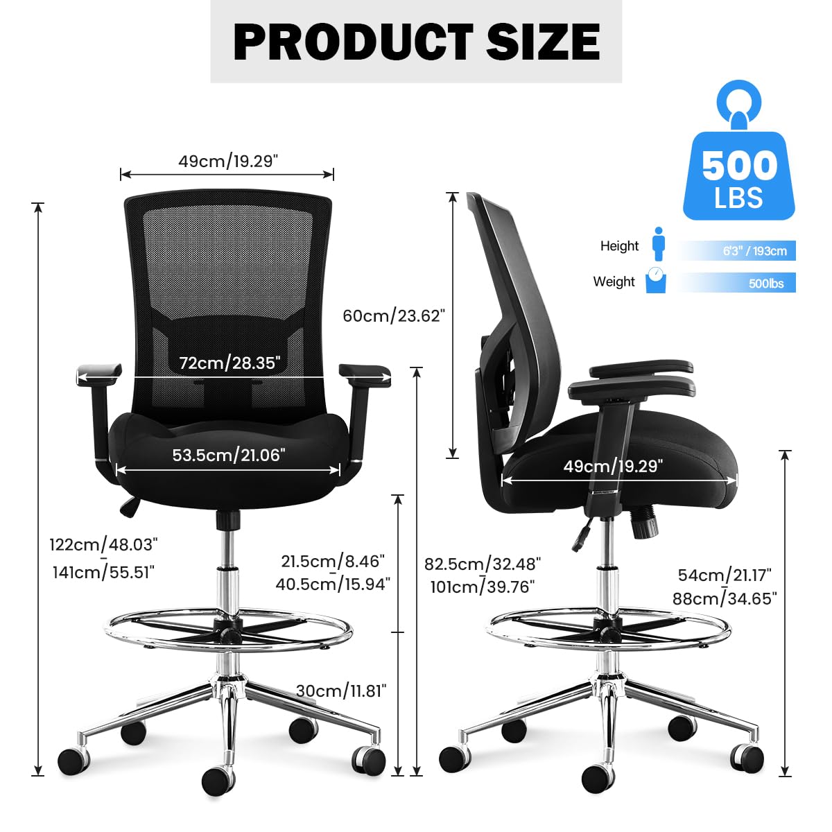 500 Lbs Drafting Chair Tall Office Chair for Standing Desk, Extra Wide 21 Inch Cushion, Ergonomic Heavy Duty Office Drafting Chair with