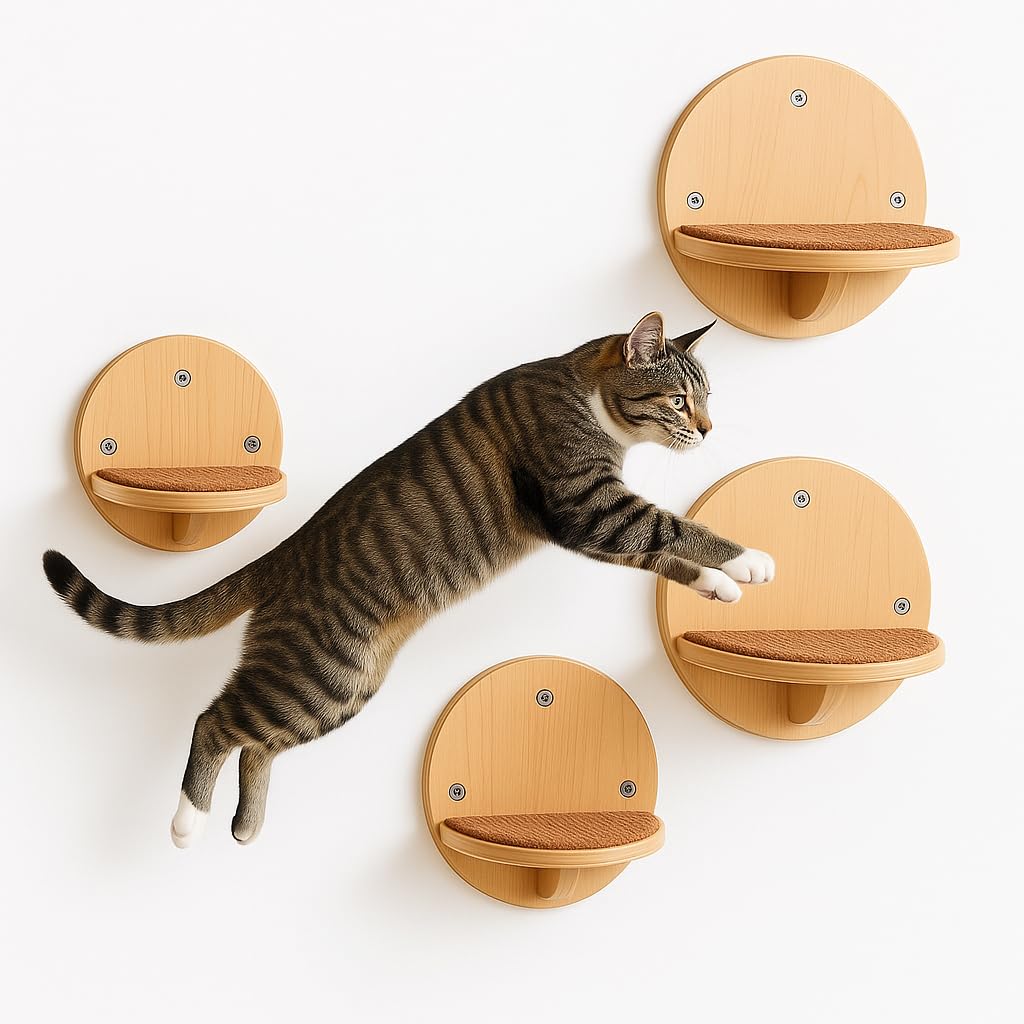 Cat Wall Shelves - Set of 4 Round Floating Wall Steps Scratch Pads, up to 20Lbs. Saving-Space Decorative Wall-Mounted Cat Furniture for Climbing, Playing & Resting - Solid Natural Wood by INSTINTO