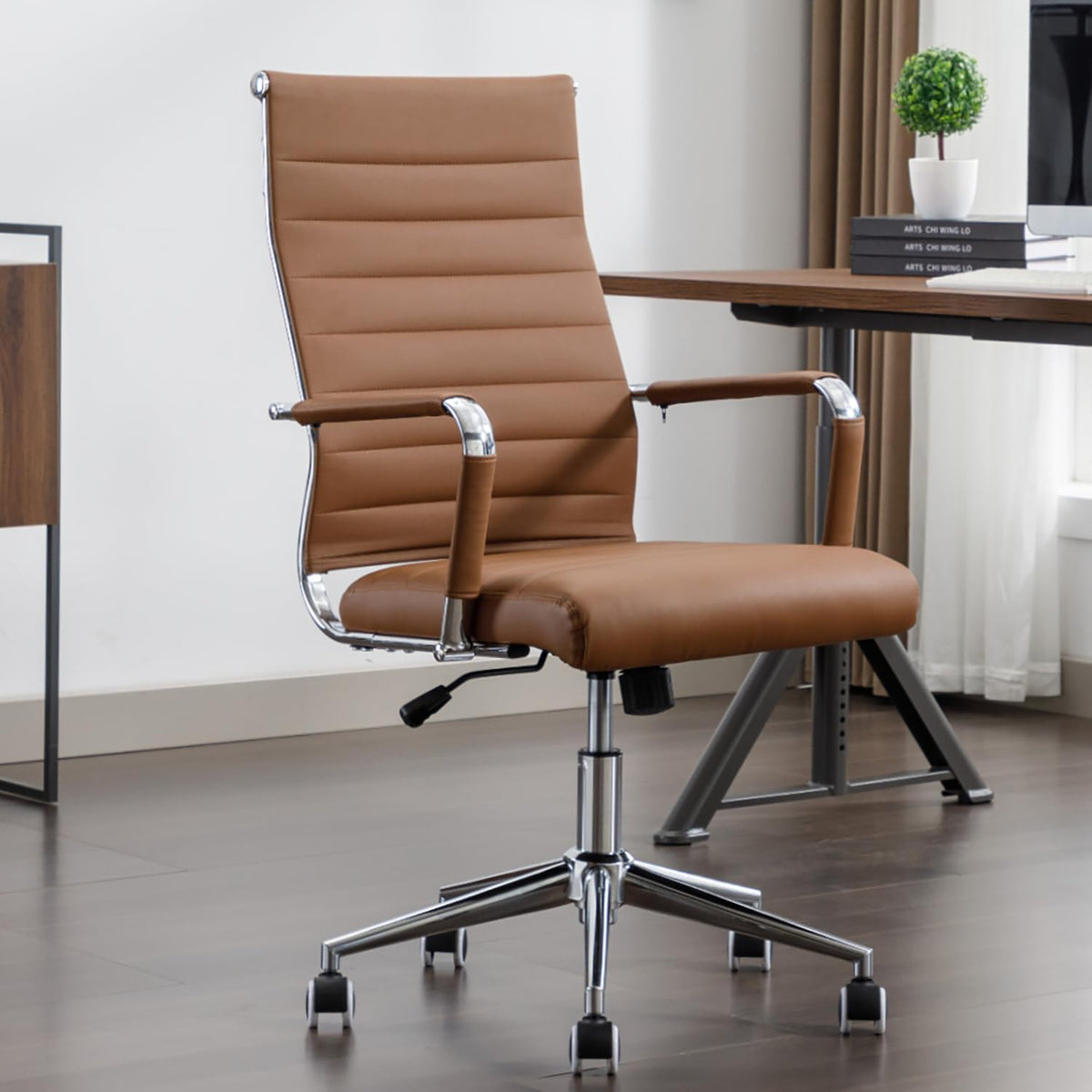 Office Desk Chair Leather, Conference Room Chairs with Wheels, Executive Modern High Back Ergonomic Swivel Rolling Ribbed Computer Chair(brown)