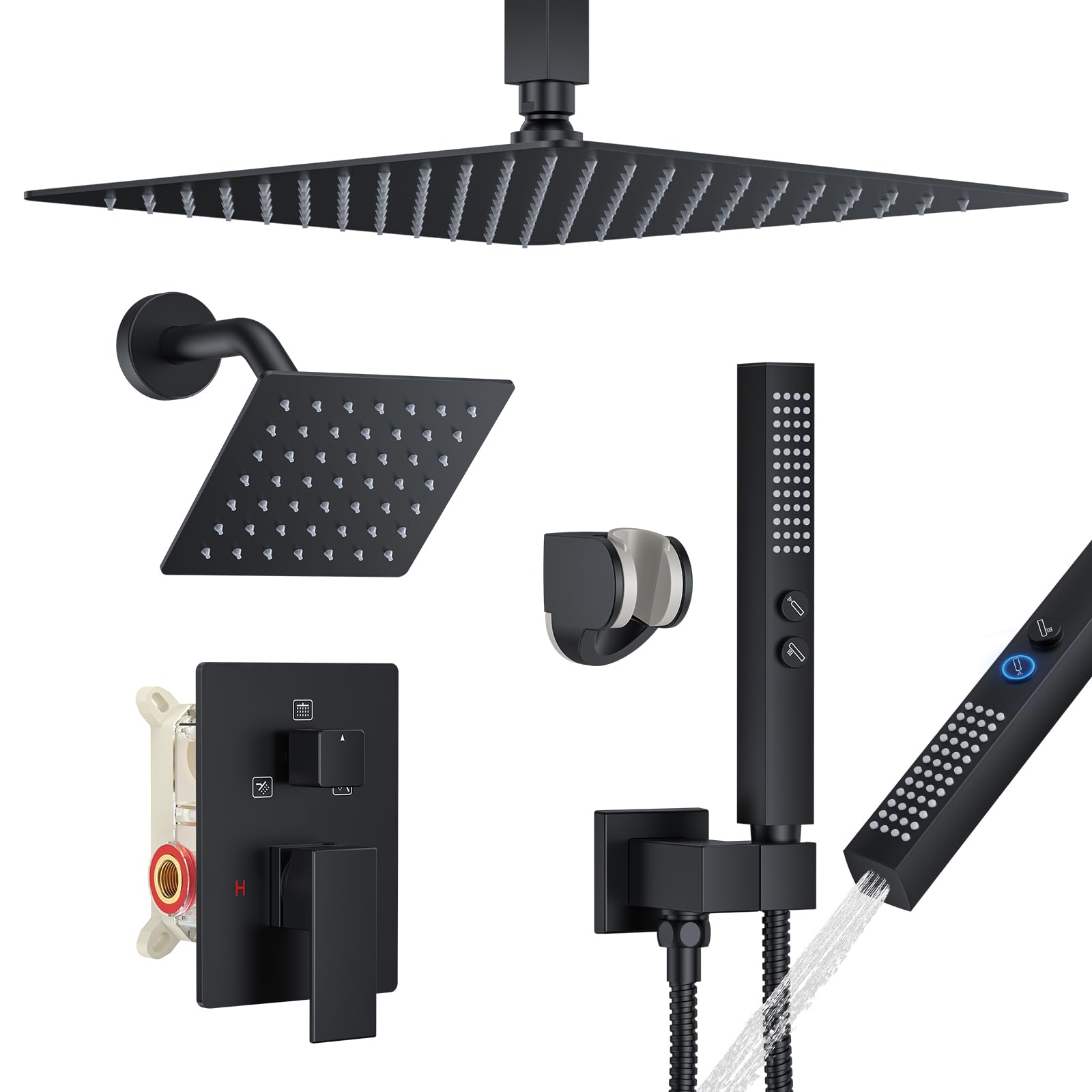 Shower Faucet Set, Ceiling Mount Shower System 12-inch & 6-inch Dual Shower Head Set with 2 in 1 Handheld Spray Rain Shower Faucet Head with Rough-in Valve and Shower Trim Kit, Matte Black