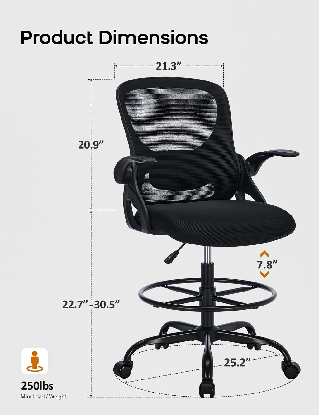 Lukkdys Tall Office Chair with Footrest Ring and Flip-up Armrests, Adjustable Drafting Chair with Ergonomic Lumbar Support, Mesh High Desk