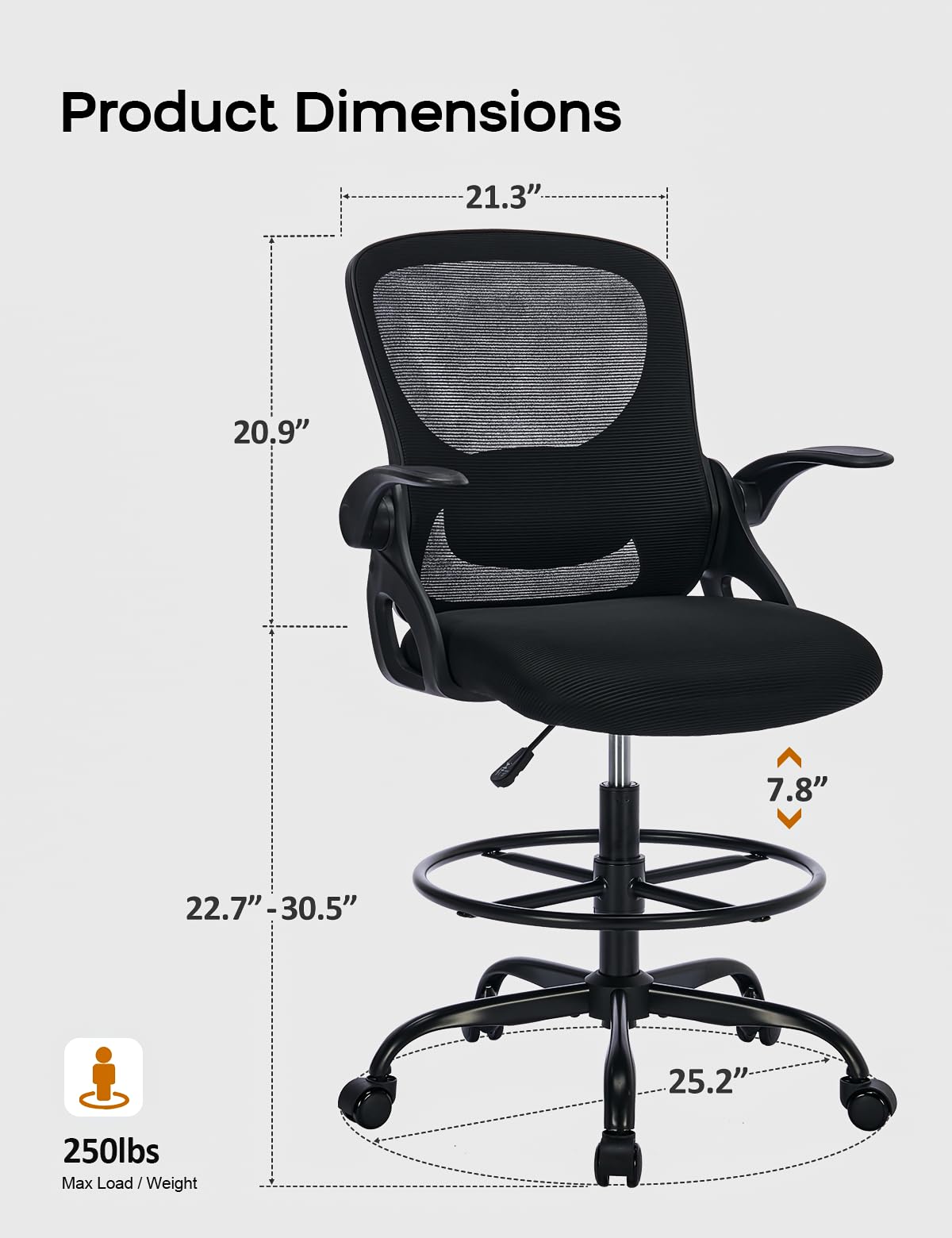 Lukkdys Tall Office Chair with Footrest Ring and Flip-up Armrests, Adjustable Drafting Chair with Ergonomic Lumbar Support, Mesh High Desk