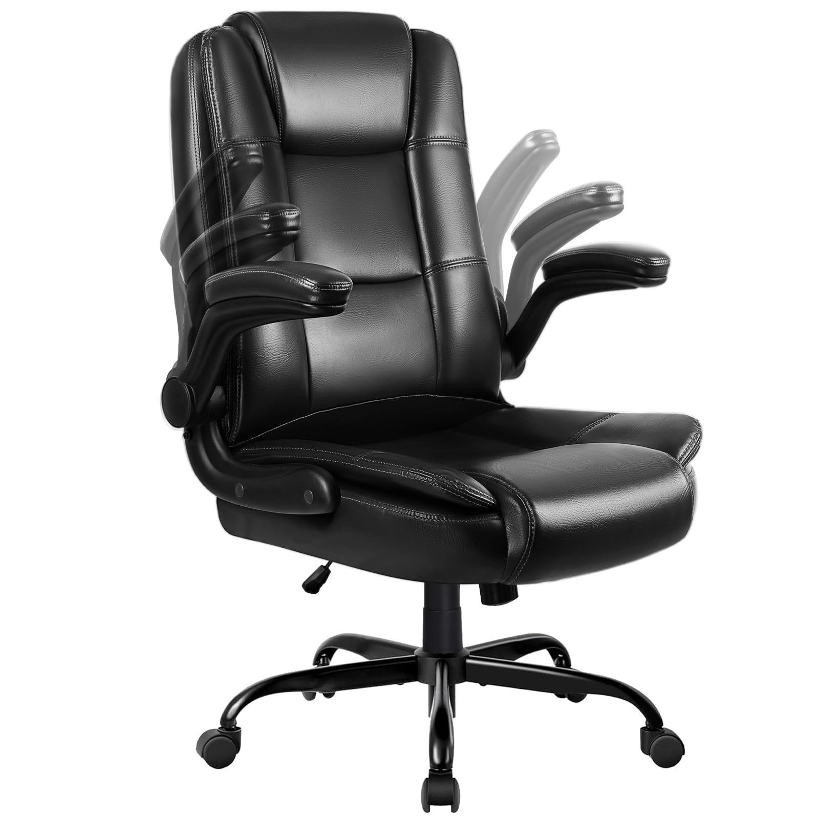 Lemberi Flip-up Arms Office Desk Chair Big and Tall Managerial Executive Chair, High Back Computer Chair Ergonomic Adjustable Height Pu Leather