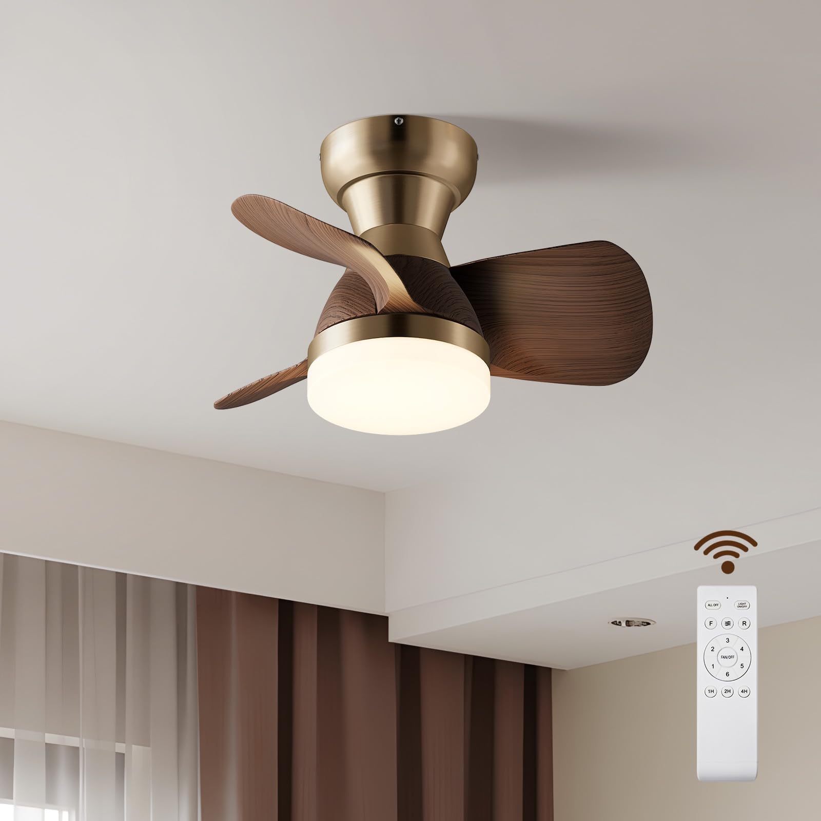 20 Inch Ceiling Fan with Light?3 Solid Wood Blades?Brass with Light with Remote Control Small Ceiling Fan? Suitable for Living Room, Dining Room?Bedroom