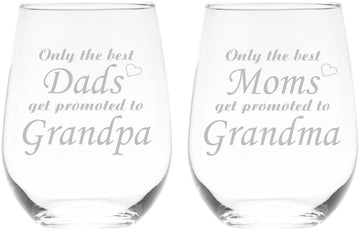 C M Dad and Mom Get Promoted to Grandpa and Grandma Stemless Wine Glass Set