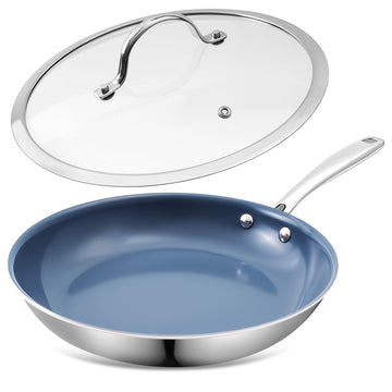 Ephaclad 10 Inch Stainless Steel Ceramic Non Stick Frying Pan Skillet with Lid - PFOA Free, Oven Safe 550°F, Dishwasher Safe, Induction Compatible, For Searing Steaks, Cooking Eggs & All Stovetops