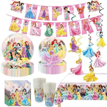 88PCS Disne Princess Birthday Decorations:40 Plates (9 inch + 7 inch), 20 Napkins, 20 Cups, 1 "Happy Birthday" Banner, 6 Hanging Swirls, 1 Tablecloth