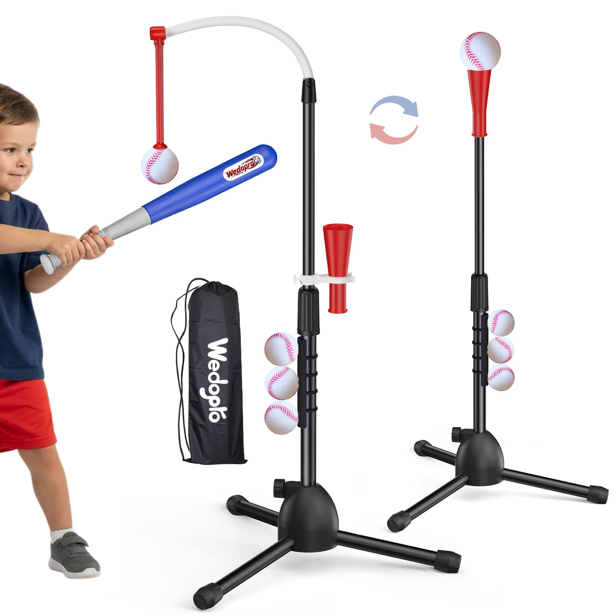 Wedopro Steel Baseball Batting Tee for Kids 3-12 - Beginner Training T-Ball Set for Toddlers Outdoor & Backyard - Adjustable Height 25"-40" - 3X Stability Hitting - Birthday Gifts for Boys Girls