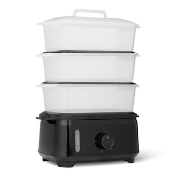 Amazon Basics Electric Food Steamer for Cooking Vegetables, 3-Tier Design, 60-Minute Timer with Auto Shutoff, Easy Water Refill System, BPA-Free, 9.5 QT, Black