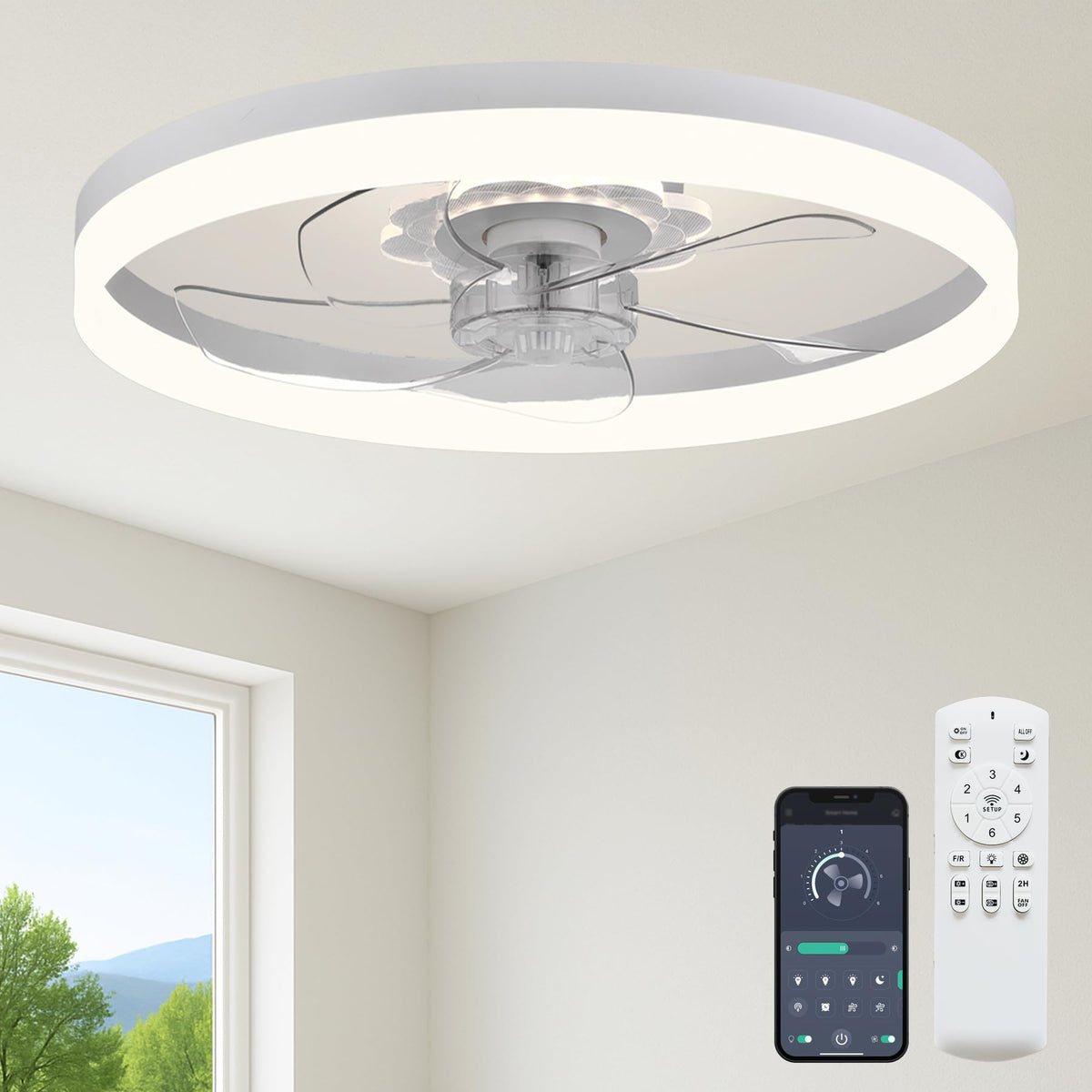 FSZDORJ 24'' Ceiling Fan with Light, Upgraded Low Profile Ceiling Fan with Light, Dimmable Flush Mount Ceiling Fan with Light, Fan light, 6 Speeds, App & Remote Control, Quiet Fan for Bedroom, Kitchen