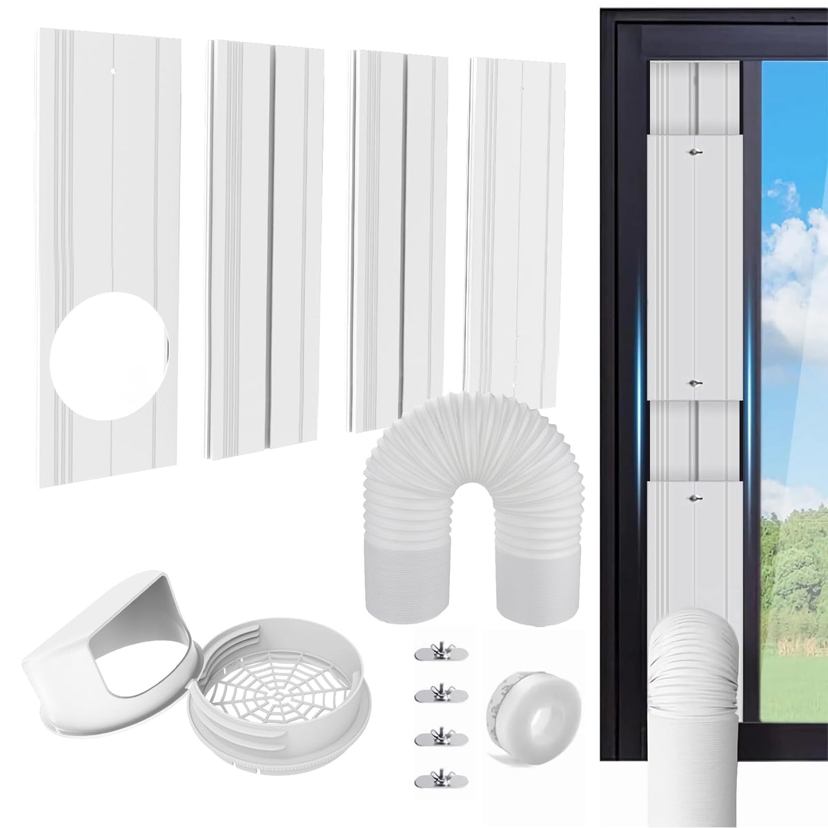 Portable AC Window Vent Kit with 5.9" Exhaust Hose, Adjustable PVC Window Seal Panel for Sliding Windows, Portable Air Conditioner Window Kit with 4 Plates