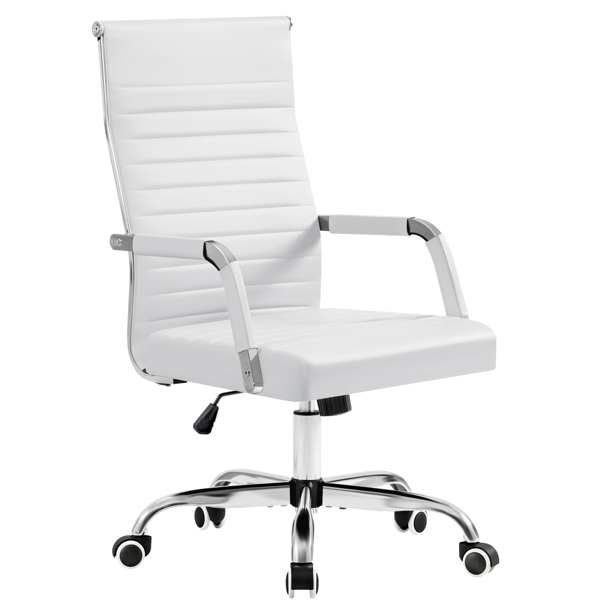 Furmax Ergonomic Office Desk Chair, Executive Ribbed Mid-back Pu Leather Conference Room Chair Adjustable Swivel Chair with Arms (1, White)